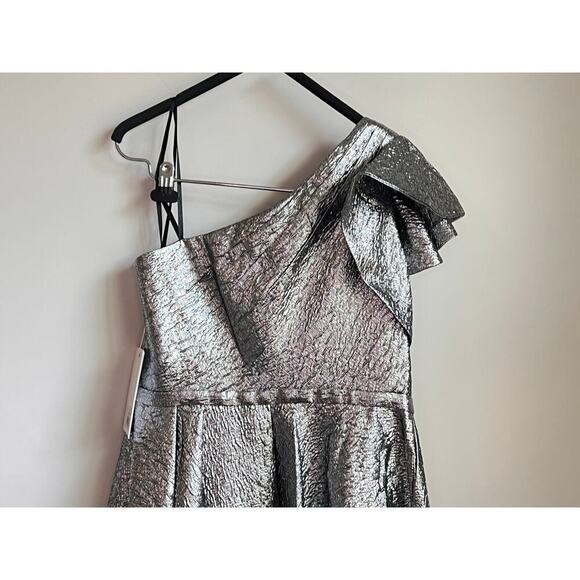 Mac Duggal One Shoulder Bow Midi Metallic Fit & Flare Dress Silver Womens 10 NWT - Picture 4 of 11